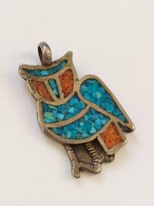 lot 47Q image: Native American Sterling Silver Owl Pendant with Turquoise