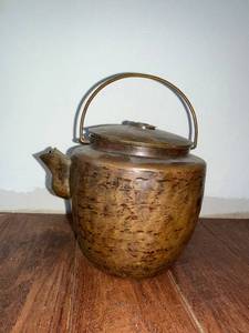lot 3SC image: Hammered Copper Tea Kettle - Arched Wire Handle, Lidded, Antique Patina