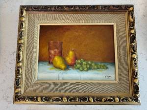 lot 8SC image: Linister 1965 Still Life Oil Painting - Pears & Grapes in Ornate Gold Frame