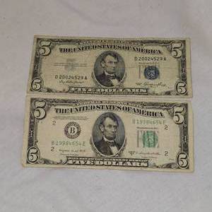 lot 35 image: 1950 C Lincoln $5 & 1953 $5 Silver Certificate