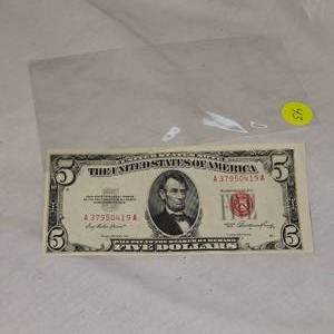lot 43 image: 1953 Lincoln $5 Red Seal, AU Condition