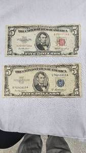 lot 36 image: 1953 Red Seal $5 & 1953 A $5 Silver Certificate