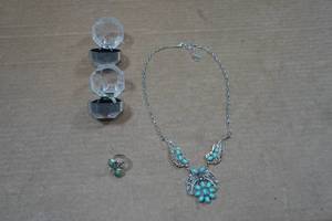 lot 289 image: Silver Tone Necklace and Rings with Turquoise Stones