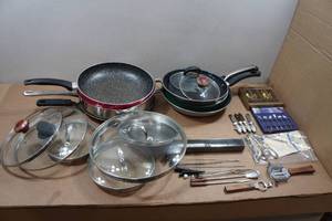 lot 299 image: Assorted Pots, Pans, Lids, and Utensils