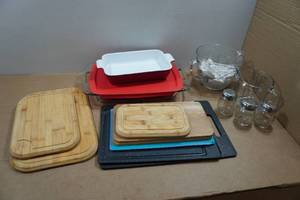 lot 304 image: Cutting Boards, Measuring Cups and Dishes