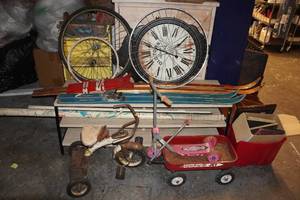 lot 316 image: Vintage Trikes, Skis, Bike Tires, and Furniture