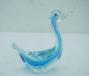 lot 2 image: Murano Blue and Clear Art Glass Duck Figurine 9 tall by 6.5 long. Sommerso
