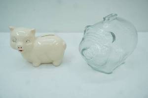 lot 42 image: Vintage Ceramic Piggy Bank 4tall by 5 long Anchor Hocking Glass Piggy Bank 4.5 tall by 6.5 long