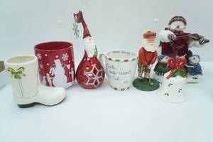 lot 78 image: Ceramic Christmas Decor Snowmen, Santa, Boot Vase, and more