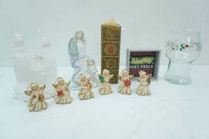 lot 84 image: Snowman Figurine, Vintage Homco Ceramic Christmas Angel Ornaments, Porcelain Music Box Angel Figurine and More