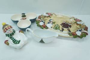 lot 102 image: Ceramic Snowman Serving Dishes, Gold Trimmed Christmas Tree Gravy Boat