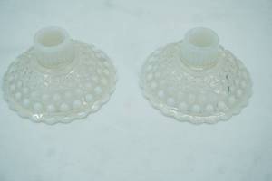 lot 104 image: Vintage Anchor Hocking Moonstone Opalescent Hobnail Candle Holders
