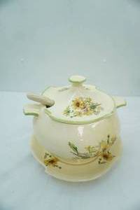 lot 111 image: Vintage Hand-Painted Ceramic Soup Tureen Set with lid, ladle, and under plate