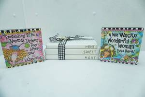 lot 141 image: Wooden Book Bundle Decor-Black & White Brownlow Gifts Wonderful Wacky Woman Wooden Wall Plaques