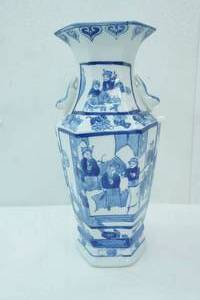 lot 143 image: Chinese Blue and White Hexagonal Porcelain Vase with Figural Scenes and handles. 13 tall