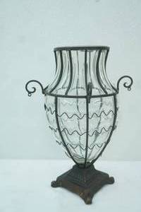lot 145 image: Large Vintage Wrought Iron and Blown Glass Caged Vase with Handles