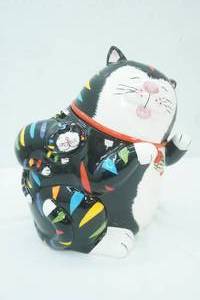 lot 146 image: CKAO Black Rainbow Striped Cat & Kitten Ceramic Cookie jar