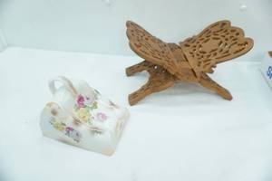 lot 149 image: Hand-Carved Wooden Book Stand & Antique Porcelain Cheese Server or Butter Keeper