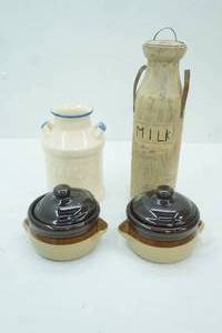 lot 157 image: Vintage Holland Blue & White Ceramic Milk Jug, Vintage Brown & Beige Glazed Stoneware Soup Crocks