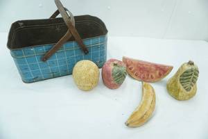 lot 173 image: Vintage Metal Picnic Basket and Ceramic Fruit