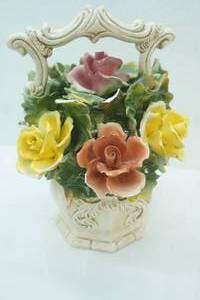 lot 36 image: Vintage Capodimonte Porcelain Floral Basket Centerpiece. Made in Italy. 13.5 tall