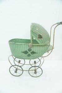lot 205 image: Vintage Green Wicker Doll Buggy  Stroller, Metal spoke wheels,21 x 26 x 11