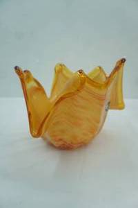 lot 256 image: Vintage Murano White Crystal Bowl. AmberCarmel Colored. 7.5 tall by 9.5 diameter