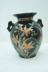 lot 258 image: Vintage Fine China Vase from Japan. Black Glaze, Gold Accents, Two-Handles.
