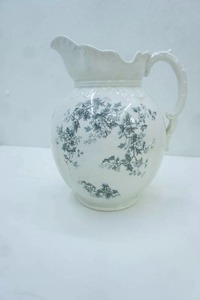 lot 261 image: Antique Buffalo Pottery Semi-Vitreous Pitcher wGreen Floral Pattern