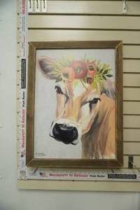 lot 277 image: Framed Art Print Jersey Cow wFloral Crown by Michele Norman. 19.525.5