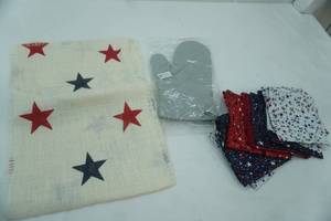 lot 334 image: NEW Table Runner and Linen Napkins, Starts, Red, White, and Blue Theme NEW Oven Mitt