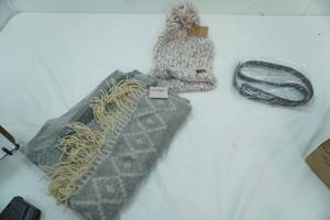 lot 340 image: All NEW with Tags. C.C. Stocking Cap, Polyester Scarf, Belt
