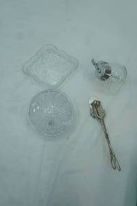 lot 362 image: Vintage Mikasa Poinsettia Glass Candy Dish, Honeycomb Sugar, Silver-Plated Serving Tongs