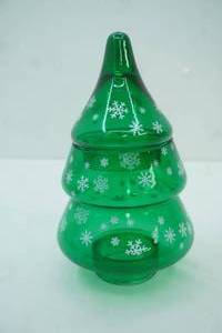 lot 501 image: Vintage Green Glass Christmas Tree Jar. Rite Aid Home for the Holidays
