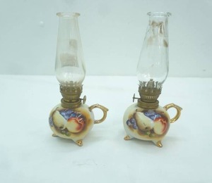 lot 504 image: Pair of Vintage Enesco Footed Porcelain Oil Lamps whand-painted Fruit Design