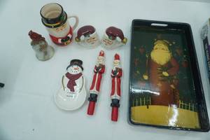 lot 513 image: Vintage Ceramic Holiday Collection, Cardinal Bell, Santa Salt & pepper Shakers, Mug, Snowman Spoon Rest, Vintage Santa Candlesticks, Glazed Tray