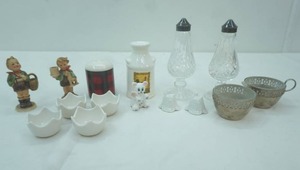 lot 541 image: Vintage Crystal Salt & Pepper Shakers, Vintage Silver-Plated Sugar and Creamer Set wopen work metal holders and glass insert
