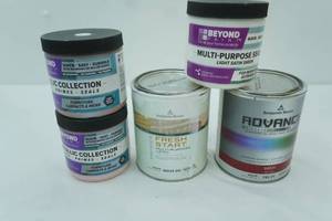 lot 545 image: NEW Beyond Paint Metallic Rose Gold, Bronze, and Sealer (all unopened) Latex & Satin White Paint (opened)