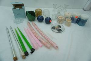 lot 552 image: Lucite Candlesticks, Other Candlesticks, Candles, Votive Holders, Vintage Paden City Glass #555 Double-Light Candlestick Holder, Partylite Crystal Votive Holders, Hobby Lobby Pillar Candles