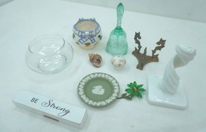 lot 558 image: Fenton Art Glass Green Opalescent Bell wBows and Drapery design Fitz and Floyd Dish Vintage Westmoreland Milk Glass Twisted Candlestick Holder