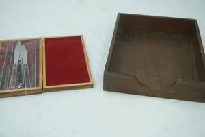 lot 560 image: Wooden Tray 10.5x12.5x2.75 and Stainless Steel Japan Knife Set in Wood Box