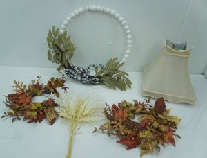 lot 570 image: Decor Lot Hobby Lobby Wreath, Fall Round Arrangements, Square Victorian-Style Lamp Shade