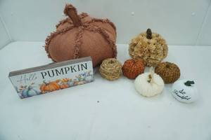 lot 571 image: Decorative Pumpkins, Throw Pumpkin Pillow, Wooden Sign Hello Pumpkin NEW