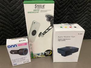 lot 14 image: Steelie Orbiter Windshield Kit - 2 Auto Heater Fans FL-001 & ONN USB Car Charger