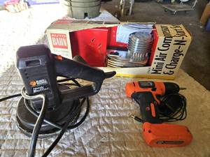 lot 18 image: Black & Decker Handy Buffer, Black & Decker Drill, and Autobahn Air Compressor Set