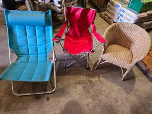 lot 63 image: Blue Outdoor Lounge Chair, Red Folding Camping Chair, and Wicker Chair Set