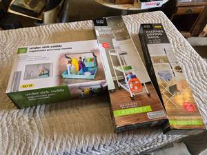 lot 68 image: Easy Home Under Sink Caddy, 3 Tier Wire Cart, and Clothes Drying Rack