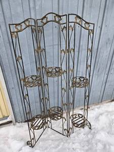 lot 72 image: Metal Folding Tri Panel Plant Stand with Decorative Shelves
