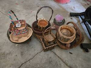 lot 78 image: Assorted Baskets and Buckets Lot including Wicker Baskets, Tree Bark Planter, and Metal Pails