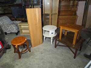 lot 98 image: Assorted Furniture Lot including Wooden Tables and Shelving Units